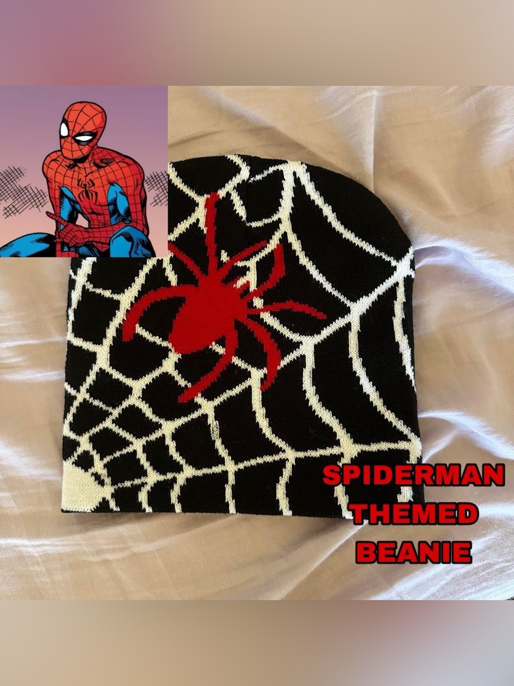 Black white and red spider man beanie. Very soft.